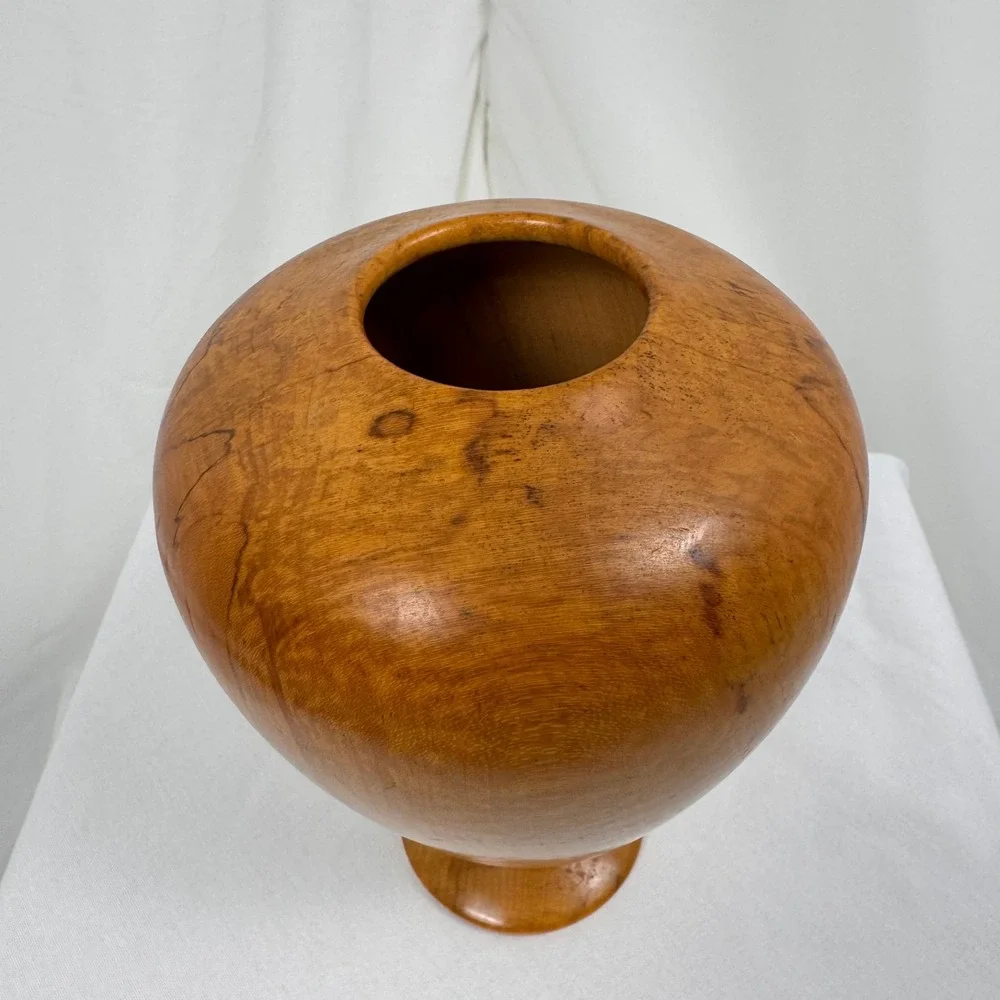 EH Lang Hand Turned Maple Wood Vase Decor Honey Brown Natural Grain Pedestal